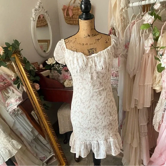 Cream Ruffled Floral Tiered Sundress with Puff Sleeves - Picture 1 of 7